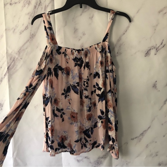 FLORAL PRINT COLD SHOULDER BLOUSE TOP PINK/BLUE WOMENS SMALL - Picture 2 of 7